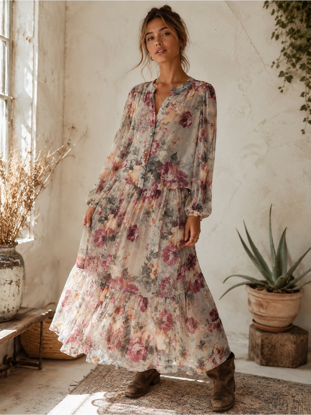 H&M Floral Maxi Dress in Cream, Pink and Sage